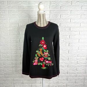 Vintage Quacker Factory Black Christmas Tree Sweater Size Small